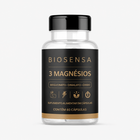 Biosensa 3 Magnésios — mockup final do frasco com 60 cápsulas