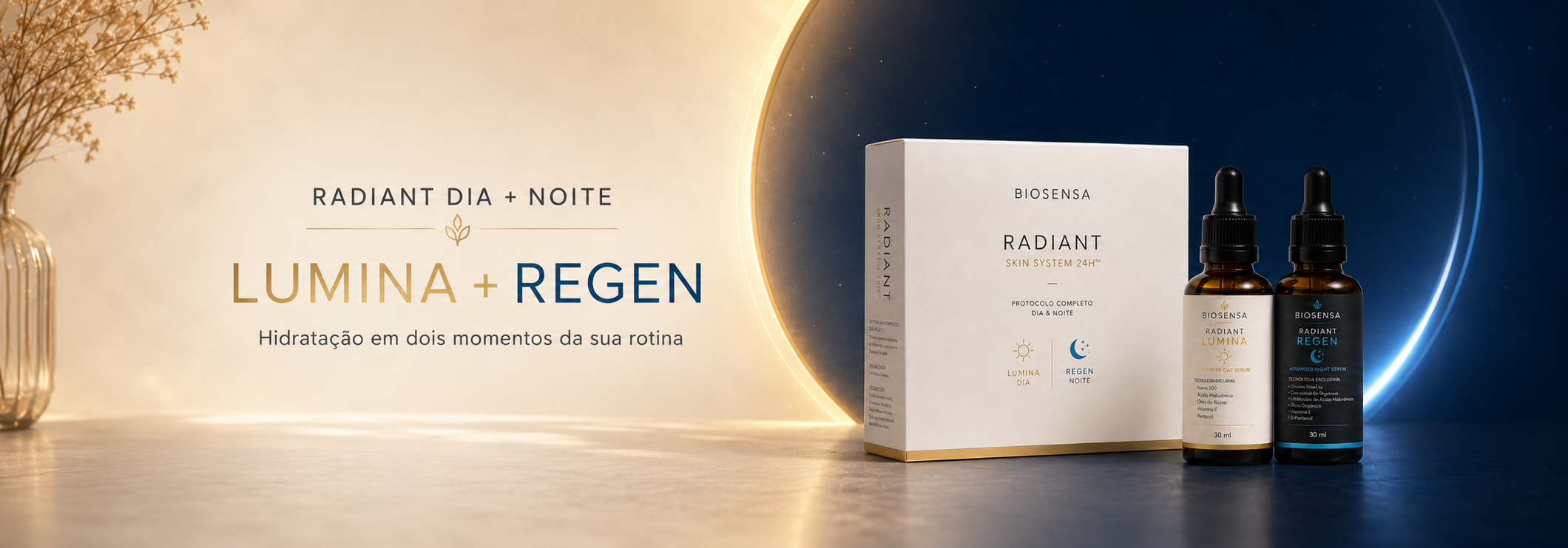 Banner desktop Radiant Lumina e Regen — rotina dia e noite